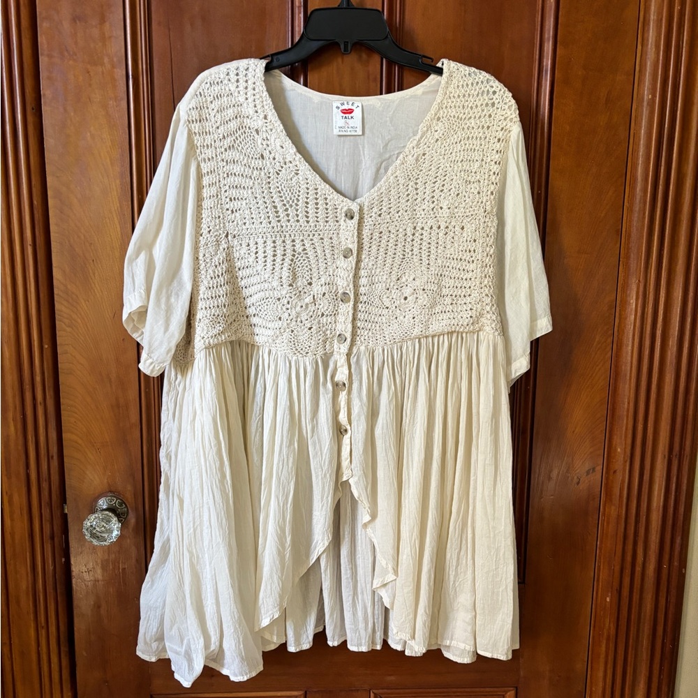 VINTAGE CREAM BOHO CROCHET KNIT ROMANTIC BLOUSE - SIZE 1X